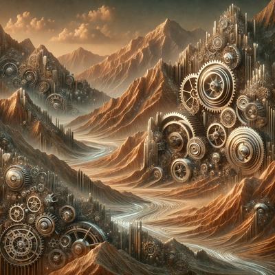 The primary subject of the image is a mountainous landscape with a series of clocks and gears scattered throughout the scene. The setting is a mountainous terrain with a mix of rocky and sandy areas. The visual style of the image is a combination of digital art and illustration, creating a unique and intricate design. The colors and mood of the image are predominantly earthy tones, giving it a natural and rugged appearance.